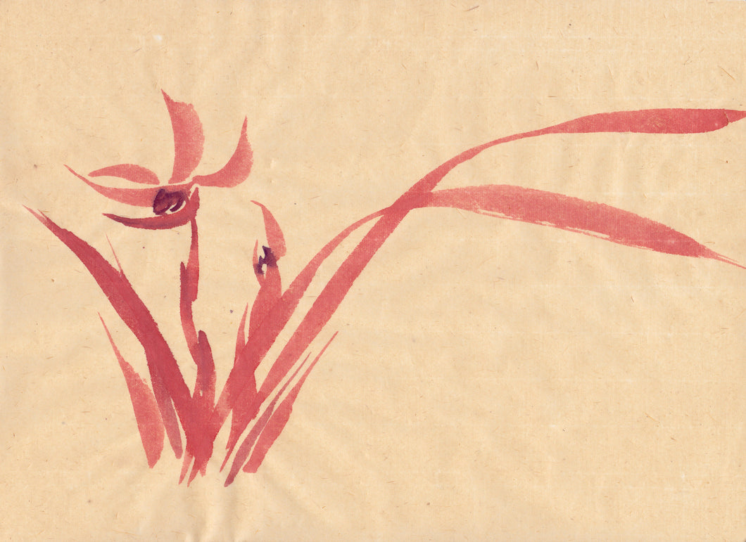 Red Orchid Sumi-e Japanese Brush Painting Greeting Card